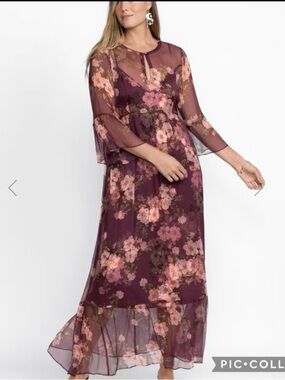 Johnny Was Winonna Maxi Dress Plum Burgundy Silk Floral Chiffon 1X Cottagecore